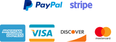An image displaying various payment method logos, including PayPal, Stripe, American Express, Visa, Discover, and MasterCard, arranged in two rows. The first row features PayPal and Stripe, and the second row has American Express, Visa, Discover, and MasterCard.