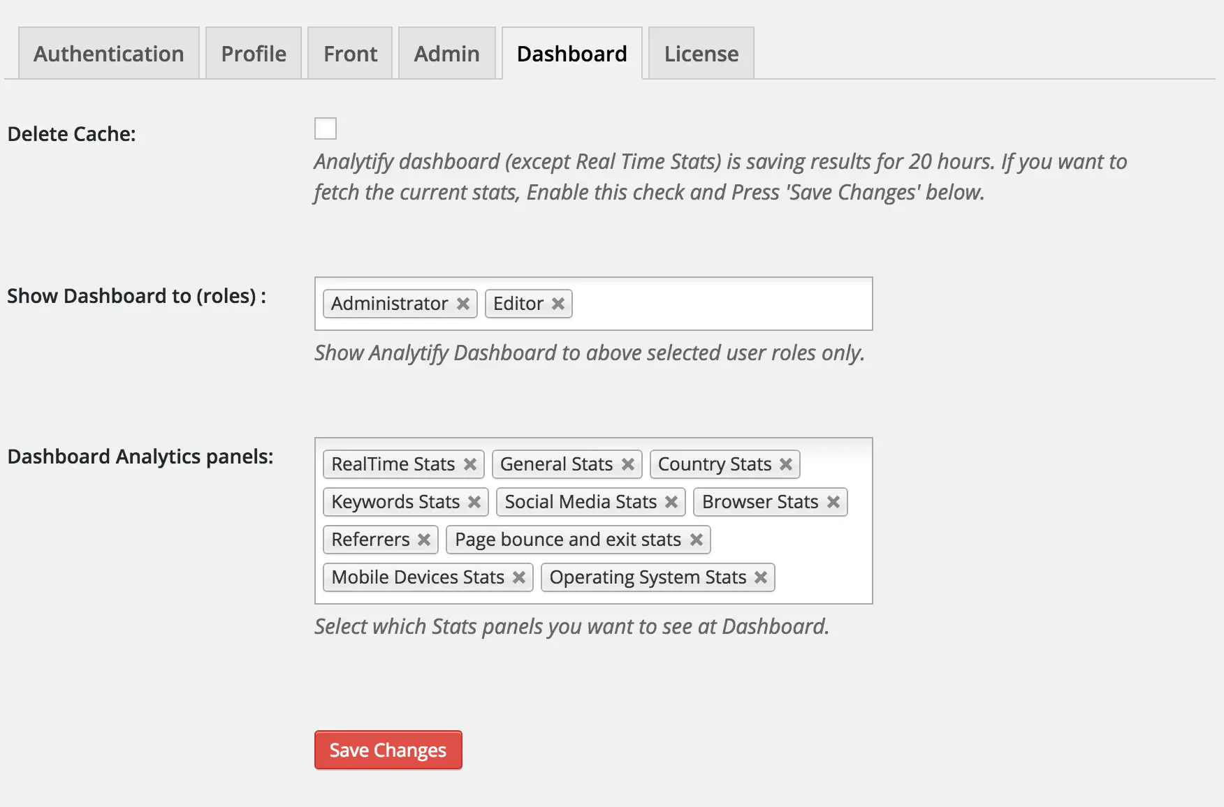 Dashboard Settings Tab