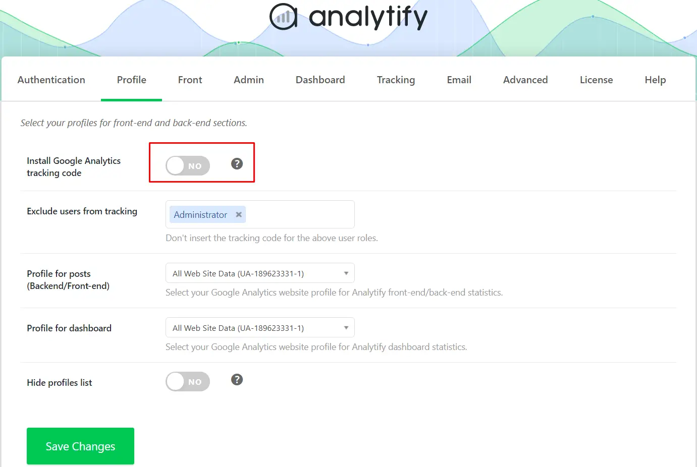 Disable option Install Google Analytics tracking code