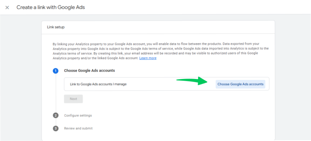 Choose Google Ads account to link with GA4