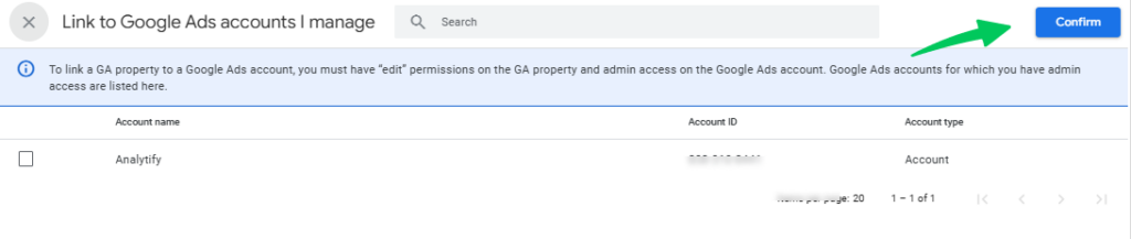 Choose Google Ads Account to confirm link