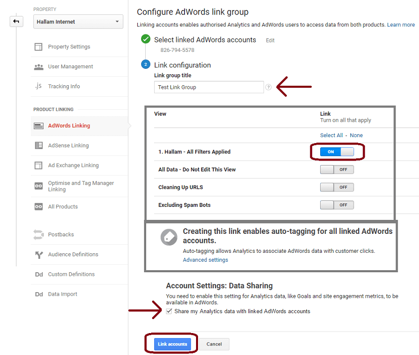save account linking settings in GA