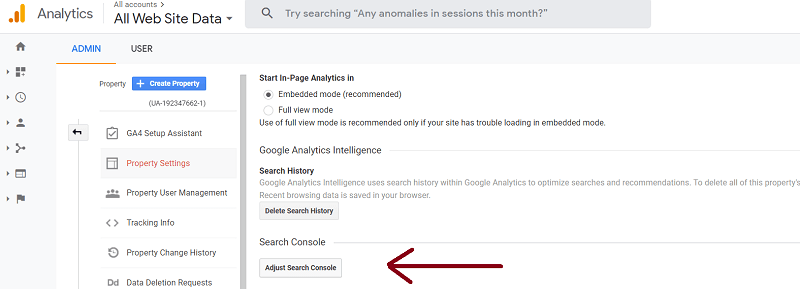 adjust search console settings