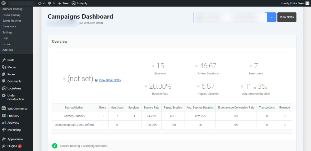 Analytify Campaigns Dashboard