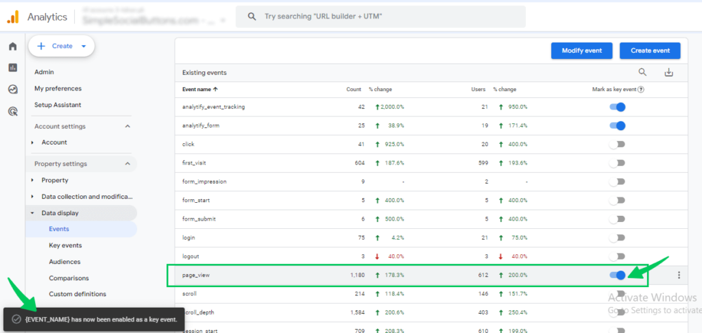 click the toggle to mark event as key event (Google Analytics for Beginners)