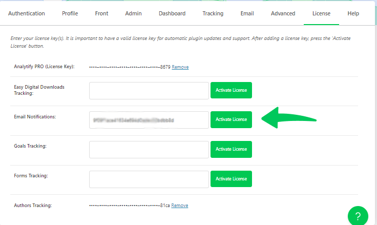 email notification license key activated