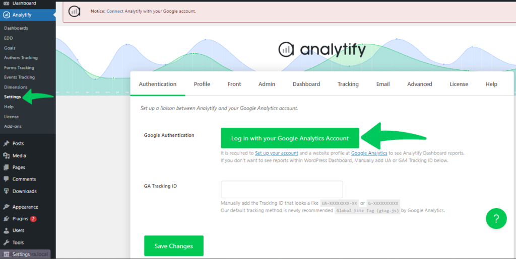 log in with Google analytics account