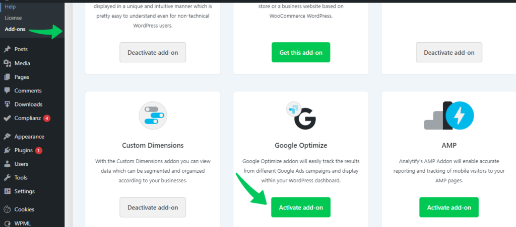 activate google optimize add on