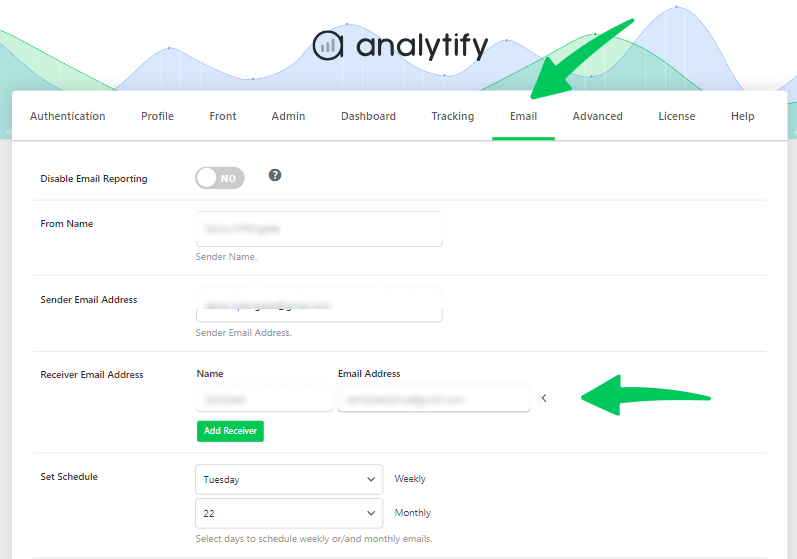 receiver email address for Analytics

