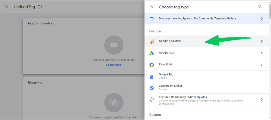 choose google analytics as tag type
