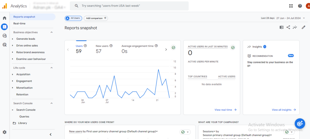 GA4 dashboard 