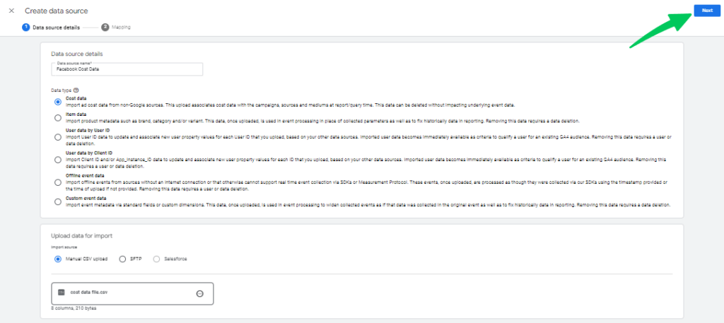 GA4 data import: click on the Next tab