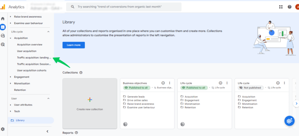 tracffic acquisition landing page is added GA4 landing page report