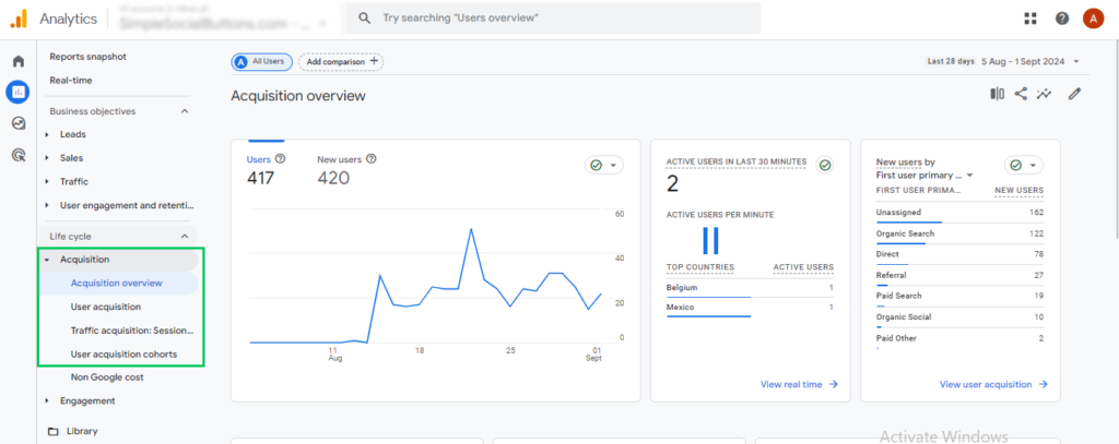 Acquisition Reports (Google Analytics SEO report)