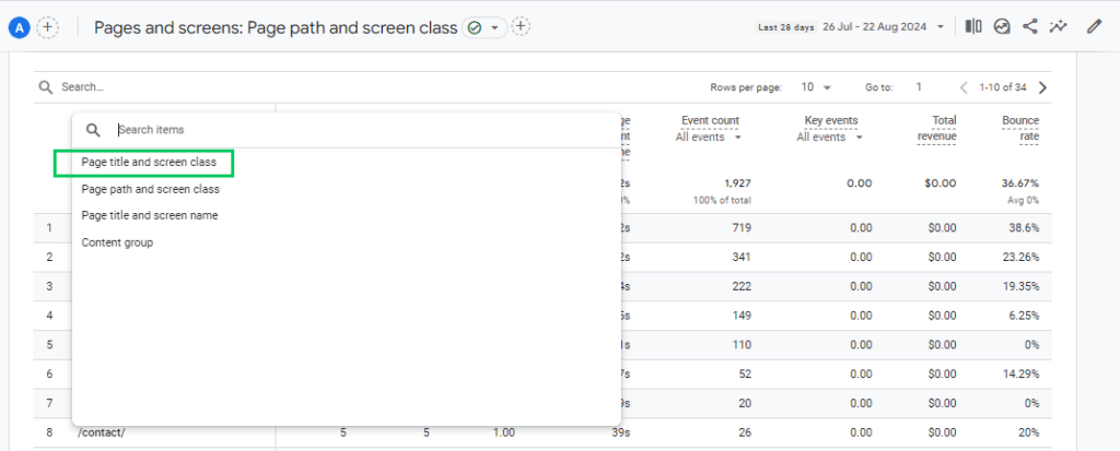 select Page Title and Screen Class (Google Analytics SEO report)