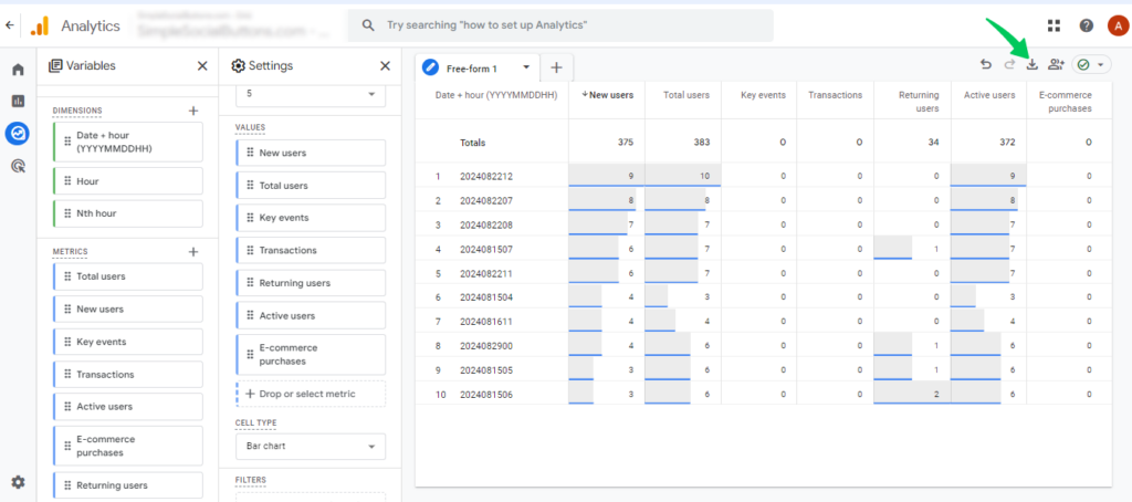 Choose export tab (GA4 Hourly Traffic report)