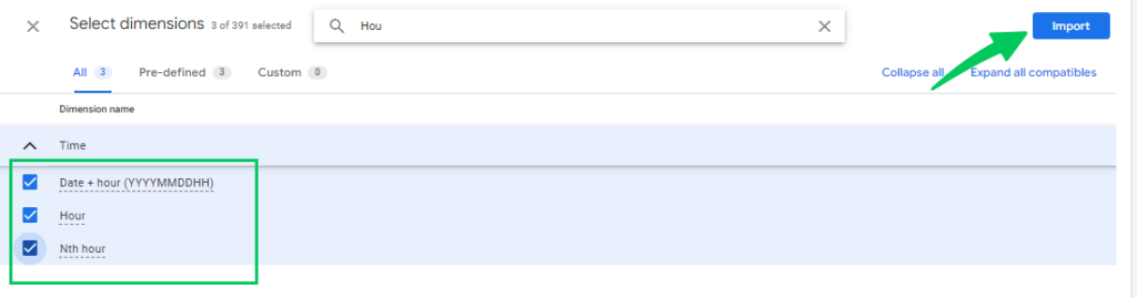import the dimensions for GA4 hourly traffic report