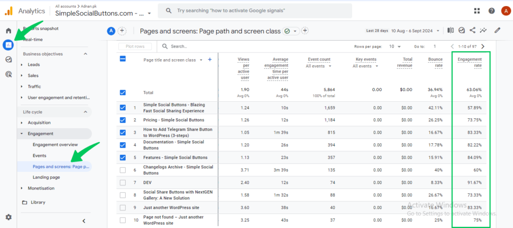 Engagement Rate Report in GA4 