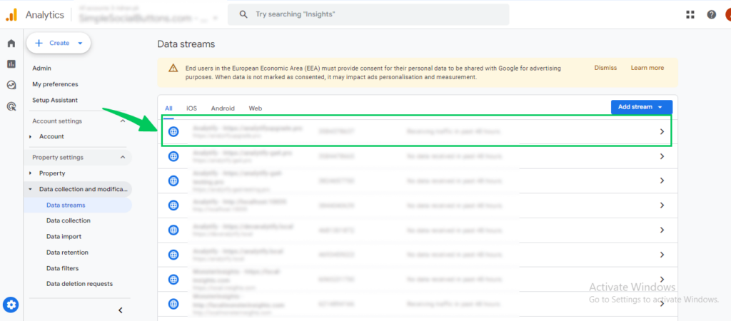 Choose web data stream (Google Analytics Audit)