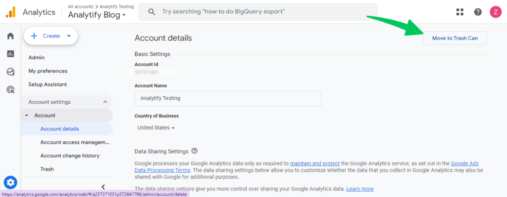 Delete Google Analytics account