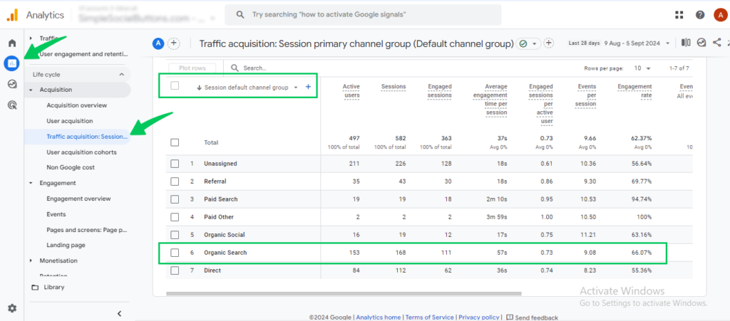 Organic Search Traffic Report in GA4 under the Traffic acquisition  