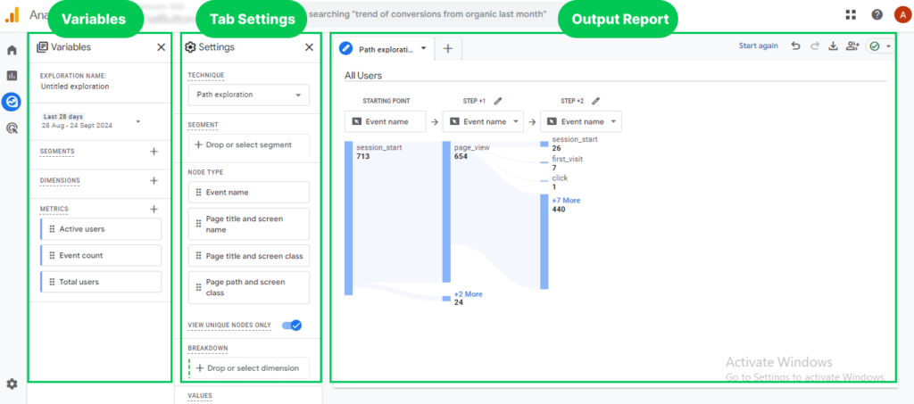 GA4 Path Exploration Report Interface