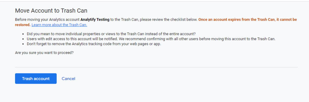 confirmation to delete Google analytics account