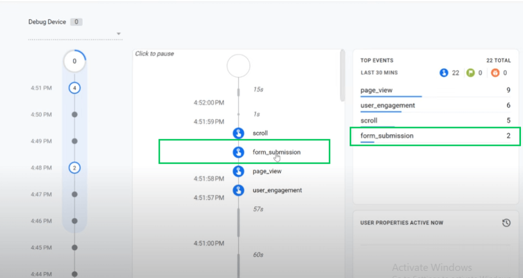 Confirm the form submission tracking with debug view