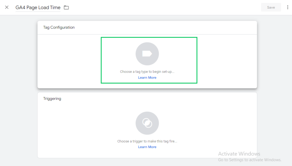 Start tag configuration to measure GA4 site speed