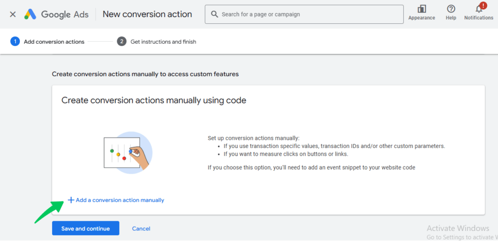 Add a conversion action manually 