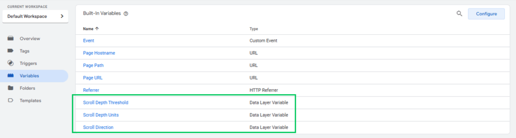 Variables for scroll depth tracking  created