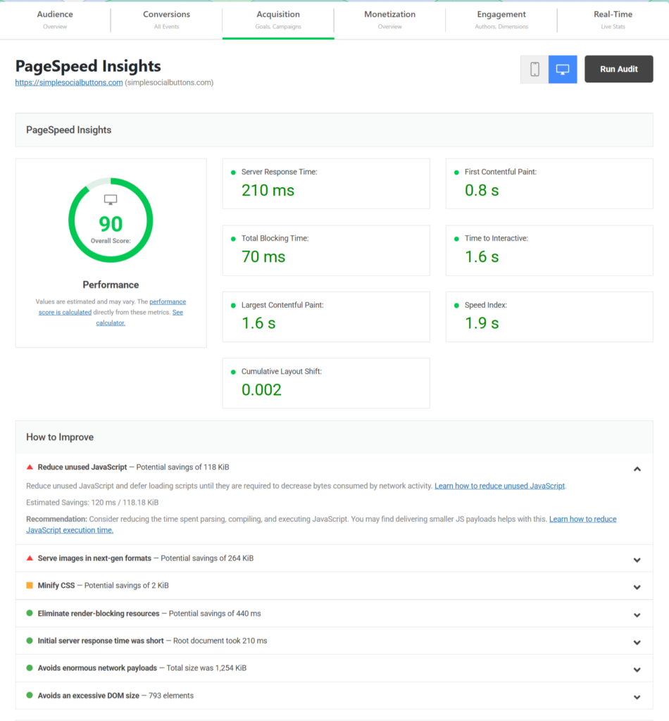 PageSpeed Insights in analytify