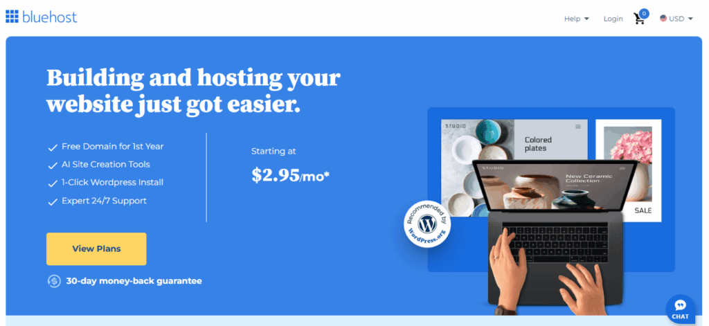 Dashboard of Bluehost 