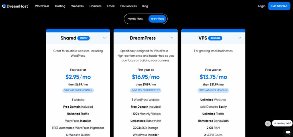 Pricing plan of dreamHost