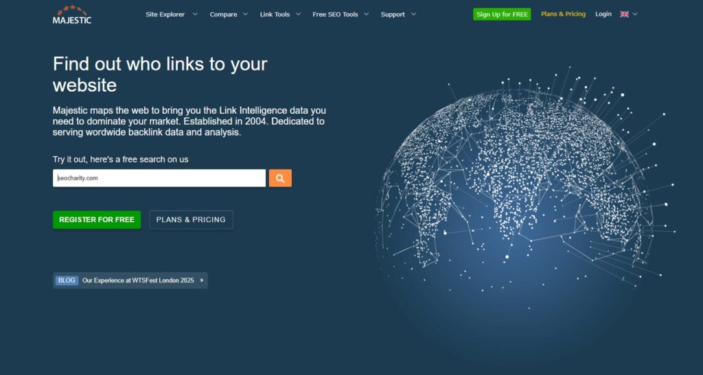 Main page of Majestic SEO website
