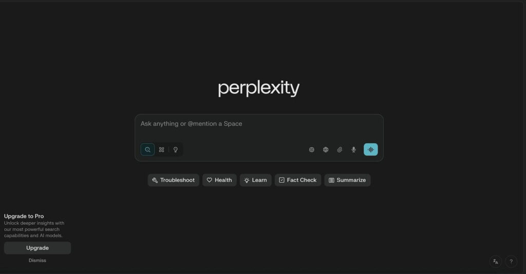 Perplexity website main menu