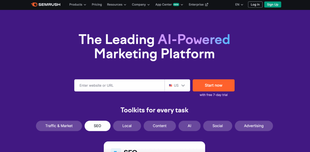 The main menu of Semrush website