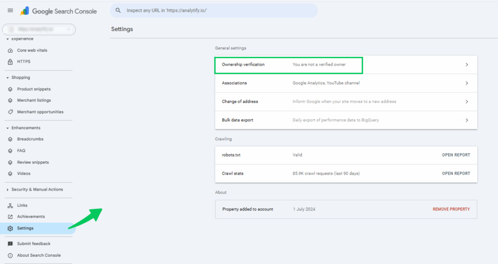 Go to settings in search console