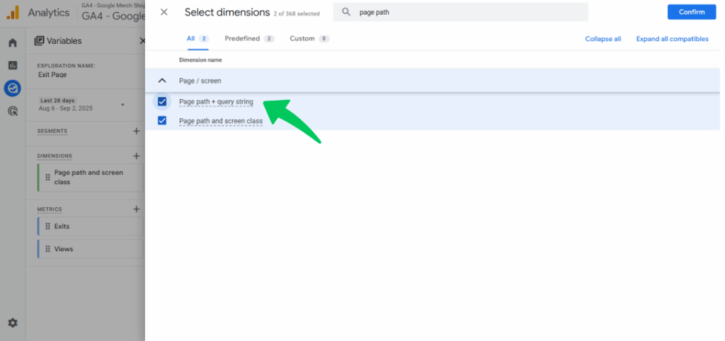 Search for page path + query string dimensions for exit pages in google analytics
