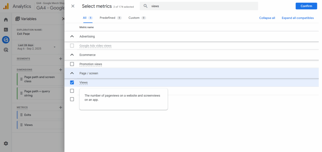 Select the views metric for exit pages in google analytics