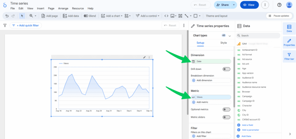 Add date as dimension and views as metric in looker studio charts