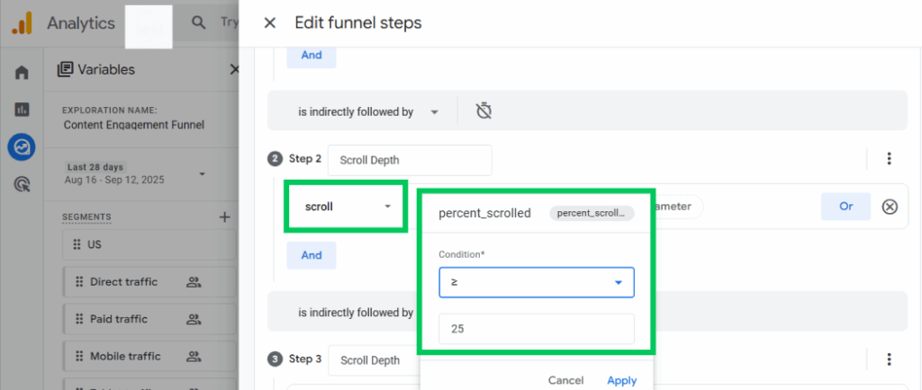 Make another step for scroll depth and add parameters and events for analyzing content engagement