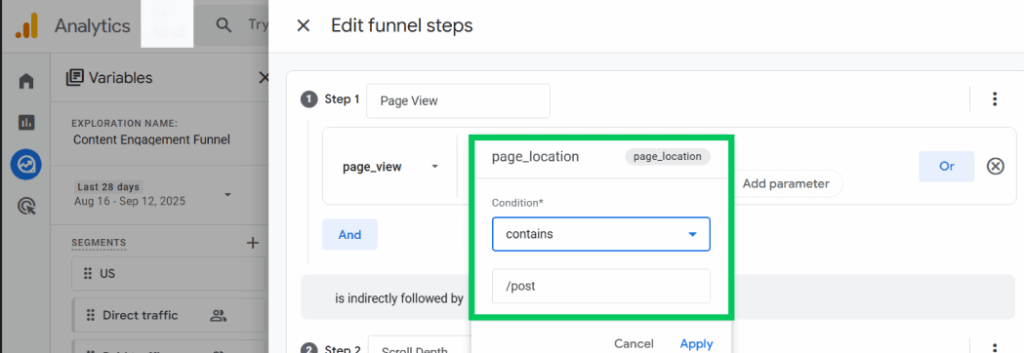 Add parameters for the pageview event in funnels GA4