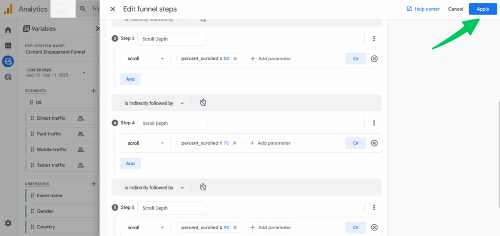 Click on apply button to create the funnel for analyzing content engagement 