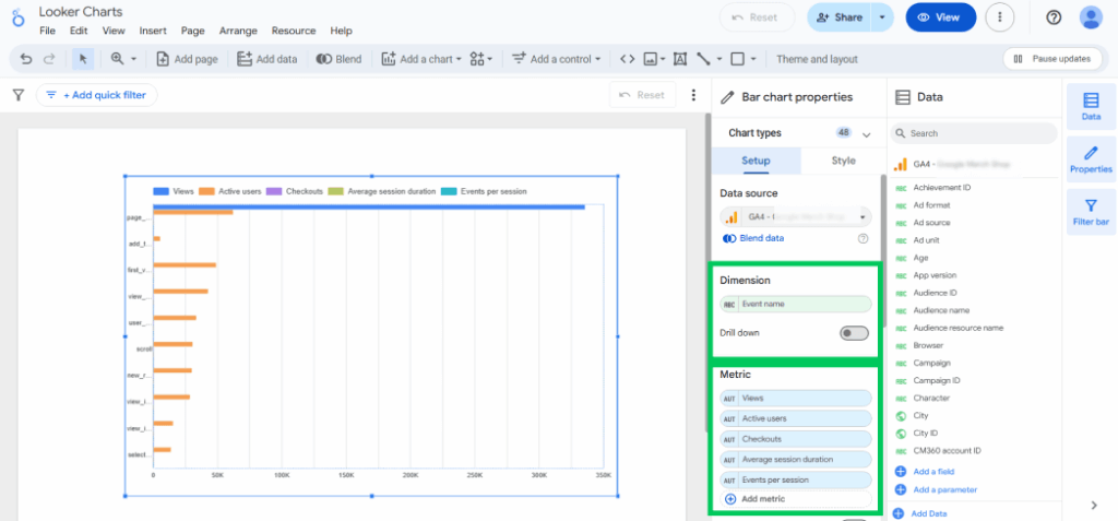Add dimensions and metrics to bar chart