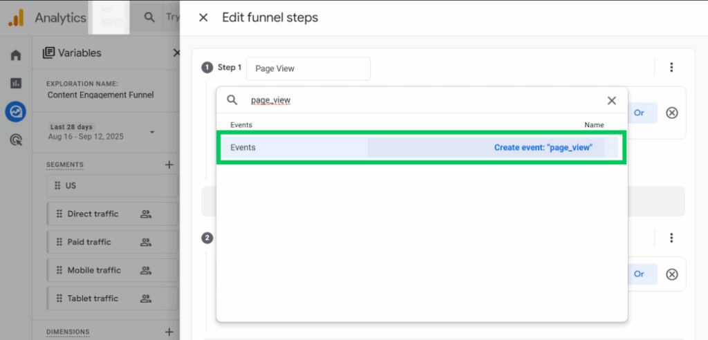 Choose first event for the step in funnels GA4 for analyzing content engagement