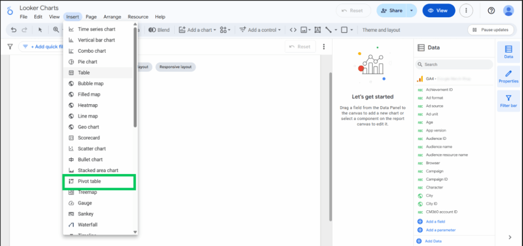 Select pivot table from insert option in looker studio