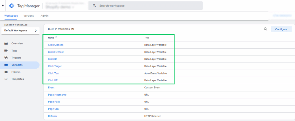 Click related variables displayed