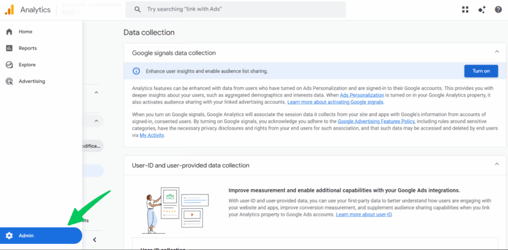 Navigate to admin for admin access of your GA4