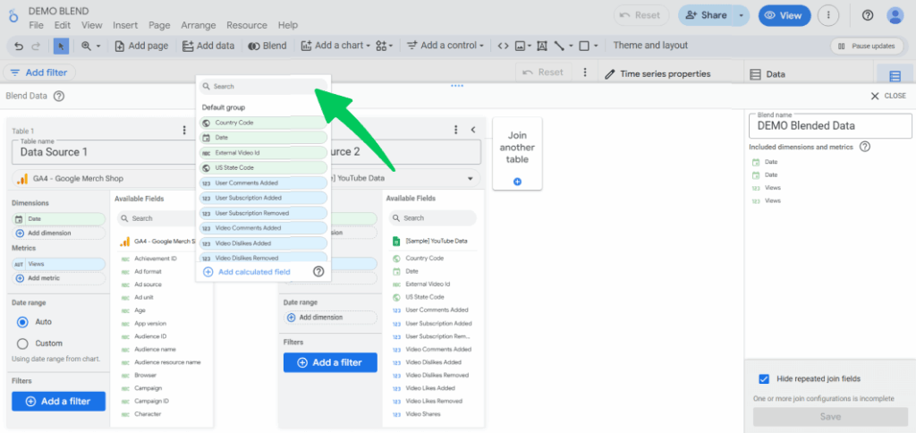 Add metric and dimensions for how to blend data in looker studio